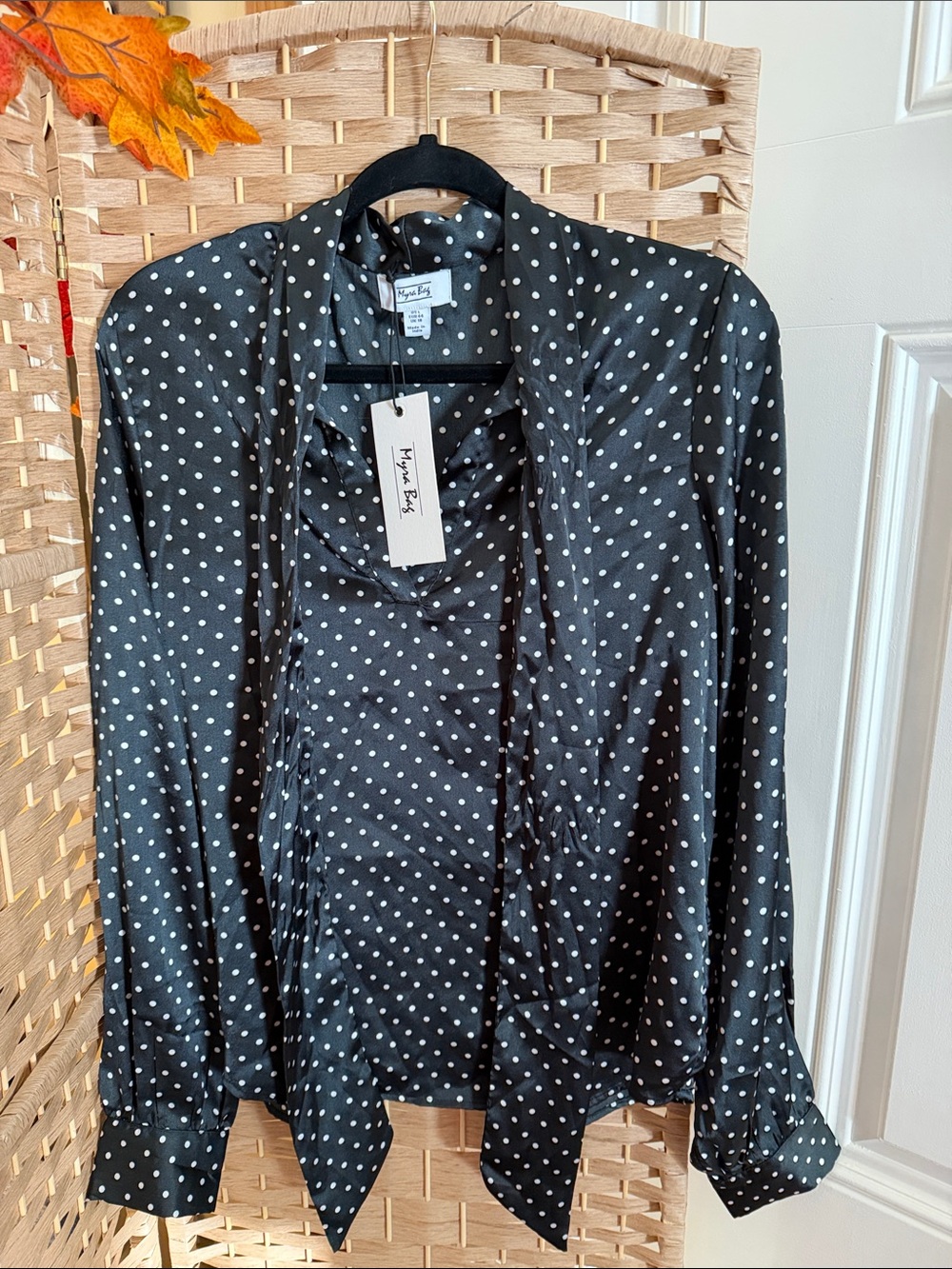 Myra Bag Black and White Polka Dot Tie-Neck Blouse